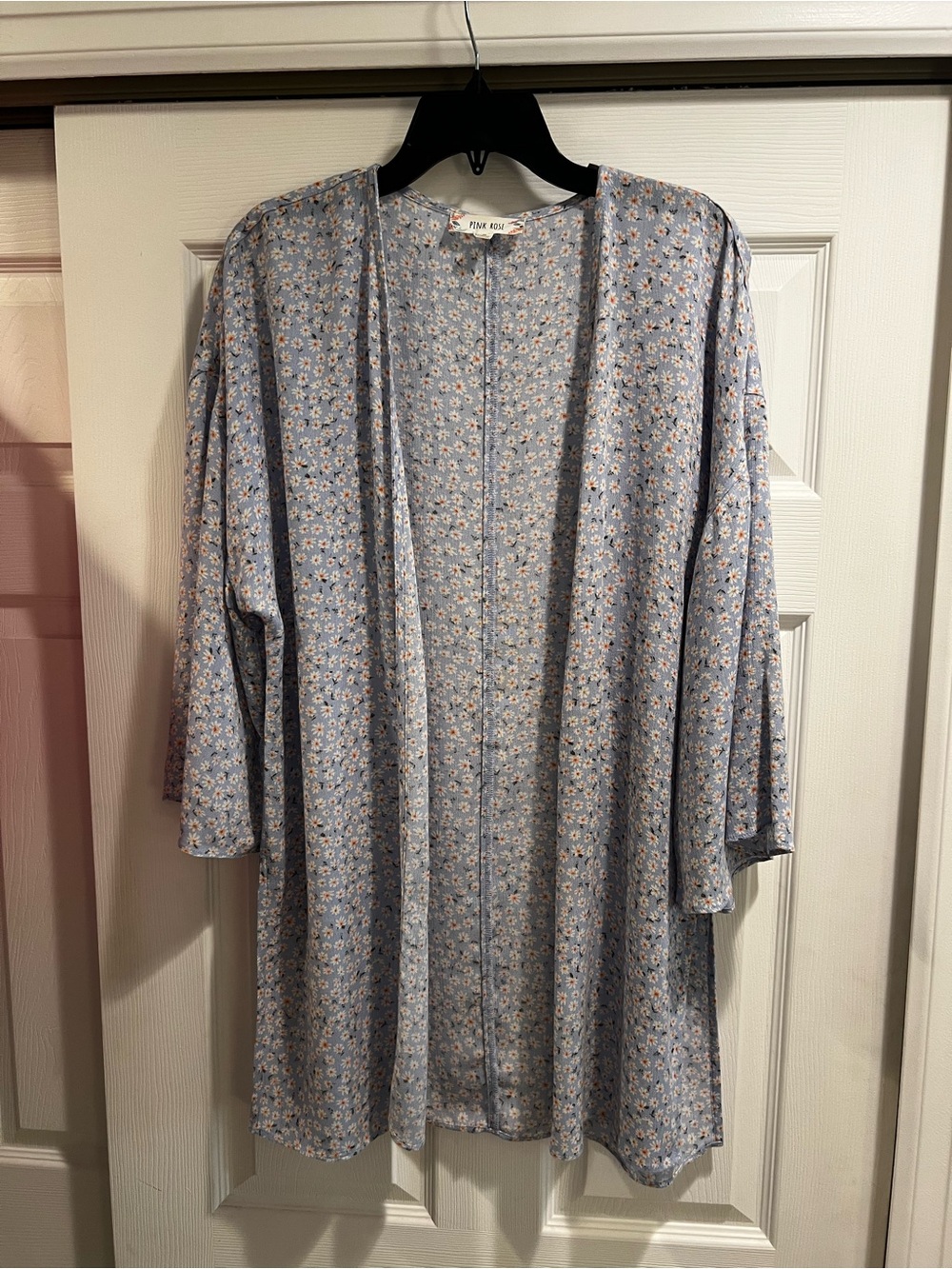 Pink Rose Pale Blue Floral Open-Front Kimono